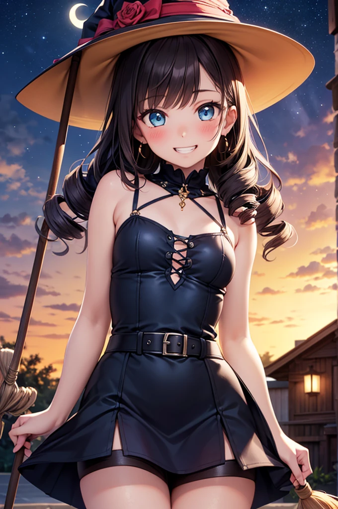 in 8K、top-quality、masterpiece、ultra-detailliert、Ultra-high resolution、Anime style、One Witch、witch's hat、Sit on the roof、Holding a black cat、natta、fullmoon、a short bob、makeup、eyeshadows、red lipsticks、Black dress、a necklace、A bracelet、anklets、manicure、Red high heels、Red face、Smile bewitchingly