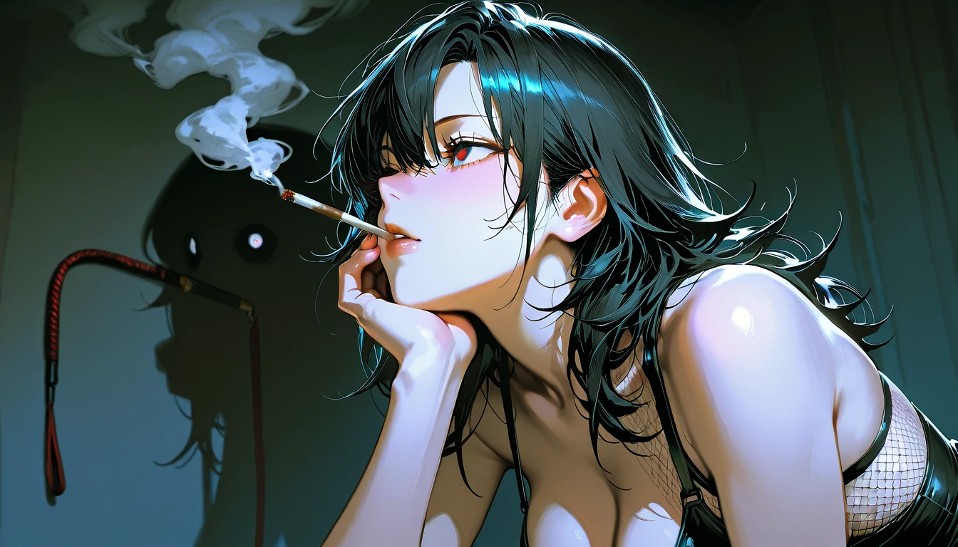 droopy eyes, tobacco, （（I have one hand on my chin））、（（facing left））、（（looking at camera））、（（There is a shadow in the light））、pale tone、smoking, smoke, dark haired, mesh、（（staring at me））、Sexy、loose fit, 24 year old,  whip, messy hair, Details、hanging eyes , Triple Eye,, masterpiece, Ultra high resolution, anatomically accurate, Super Detailed, High Details, high quality, 最high quality, masterpiece, large trainer performing high kicks, from below
