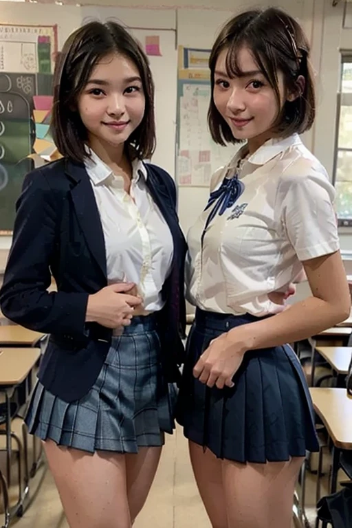 (16K, Raw photography, Top image quality, masterpiece: 1.45), (realisitic, Photorealsitic: 1.37), one girls, cute little, A city scape, profesional lighting, photon maping, school classrooms, physically-based renderingt, dark brown hair,pony tail hairstyle, Well-groomed and beautiful eyes、((double eyelid))、Transcendent Cute Girl, (((student clothes、short sleeve shirt worn by Japan high school girl、Ribbon Ties、Dark blue mini skirt,、Dark blue socks、Black loafers))), Top Quality Photos, hight resolution, 1080P, (clearface), (Detailed face description), (Detailed hand description), (masterpiece), (Exquisite CG)、extreme light and shadows、dishevled hair、master work、abundant detail、(Fine facial features)、(top quality photo)、(masuter piece)、(A detailed eye)、Look in front of you、Fine clavicle、(((Japan schoolgirls wear short-sleeved shirts)))、((Neat and clean idol))、((School Gate、school ground、School building in the background))、(Shooting from random perspectives)、(((Anyway cute)))、earrings、A big smile、Drawing the whole body from the knees、Do not draw nasolabial folds、(((Sports bags used by Japan schoolgirls)))、(small breasts that hang down small:1.2)、Big buttocks with tension、Two arms and two legs、(((from the front side:0.7)))、bare hand、(((Left and right symmetrical eyes)))、Standing Pose、There are chairs、Put your hands on your desk、Do not take the tie out of the jacket、Raise your buttocks:1.5,barebacked:1.5,