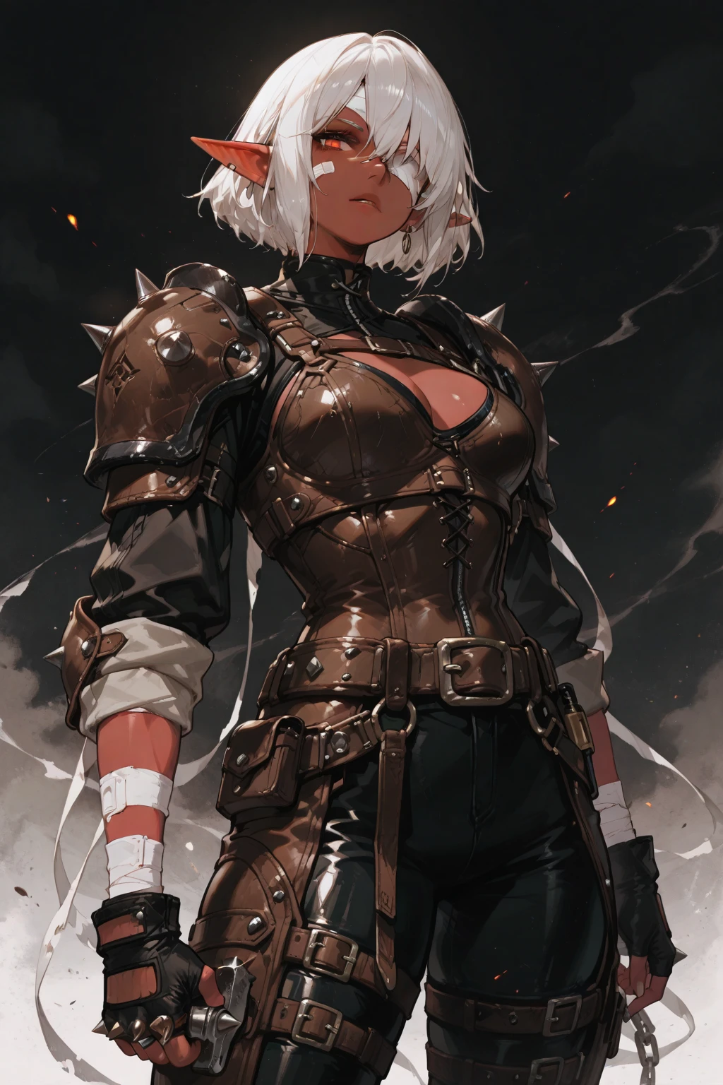 (((Tall Woman))), (High resolution), (Highest quality), (masterpiece), ((High resolution, 4K)), detailed, Super detailed, Complex details, androgen, ((Slime creature)), ((alone_Concentrated)), ((Slime)),  Silver Hair, short hair, mature, beautiful, ((whole body)), Toned body, Sports competition, View your viewers, Armor, Cheeky, Closed_mouth, exudes a dark aura, Wearing a white shirt, ((tops:(Chain Mail)), ((bottomwear:(leather_pants:Brown))), ((gloves:(arm guard))), Simple Background, Threatening, Severe, Hunter, Large Breasts,NSFW, ((Wide open chest)), Hip and thigh skin