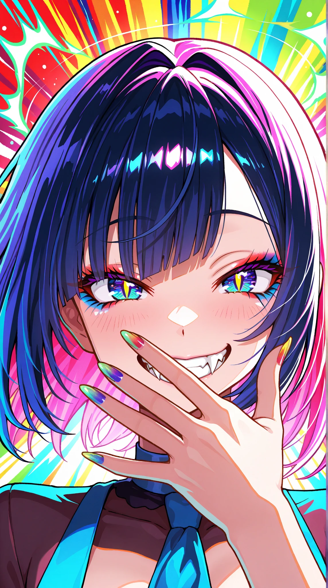 black hair, hair bobbles, wince, longeyelashes, solid circle eyes, fake animal ears, light smile, ear blush, fang, Surrealism, drop shadow, anaglyph, stereogram, tachi-e, pov, atmospheric perspective, 8k, super detail, ccurate, best quality
