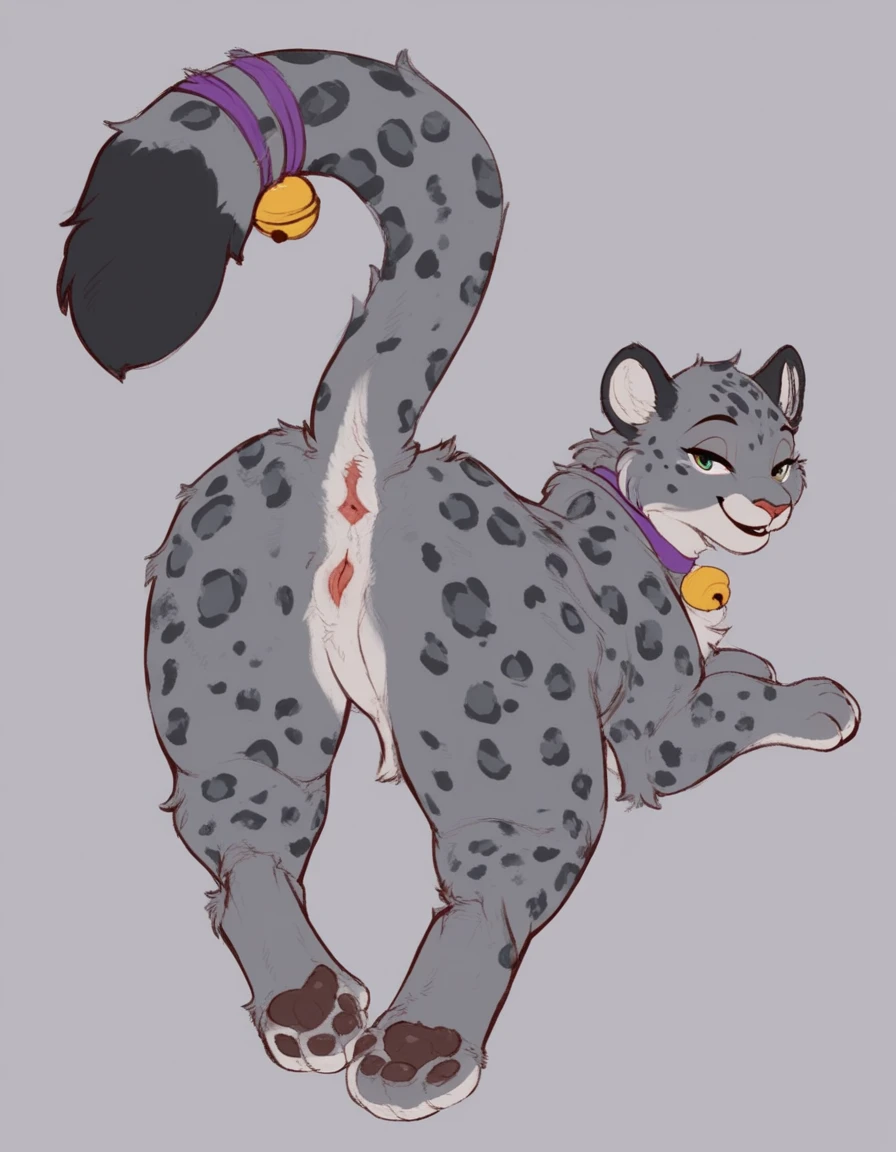 Artwork by raptoral,snowy leopard, feral,male,seductive, solo,sheath,balls,(detailed eyes),balls tuft,intimidate,dominant,seductive,confident,solo,bent over,showing butt,rear view,(thick legs,fluffy fur,belly),