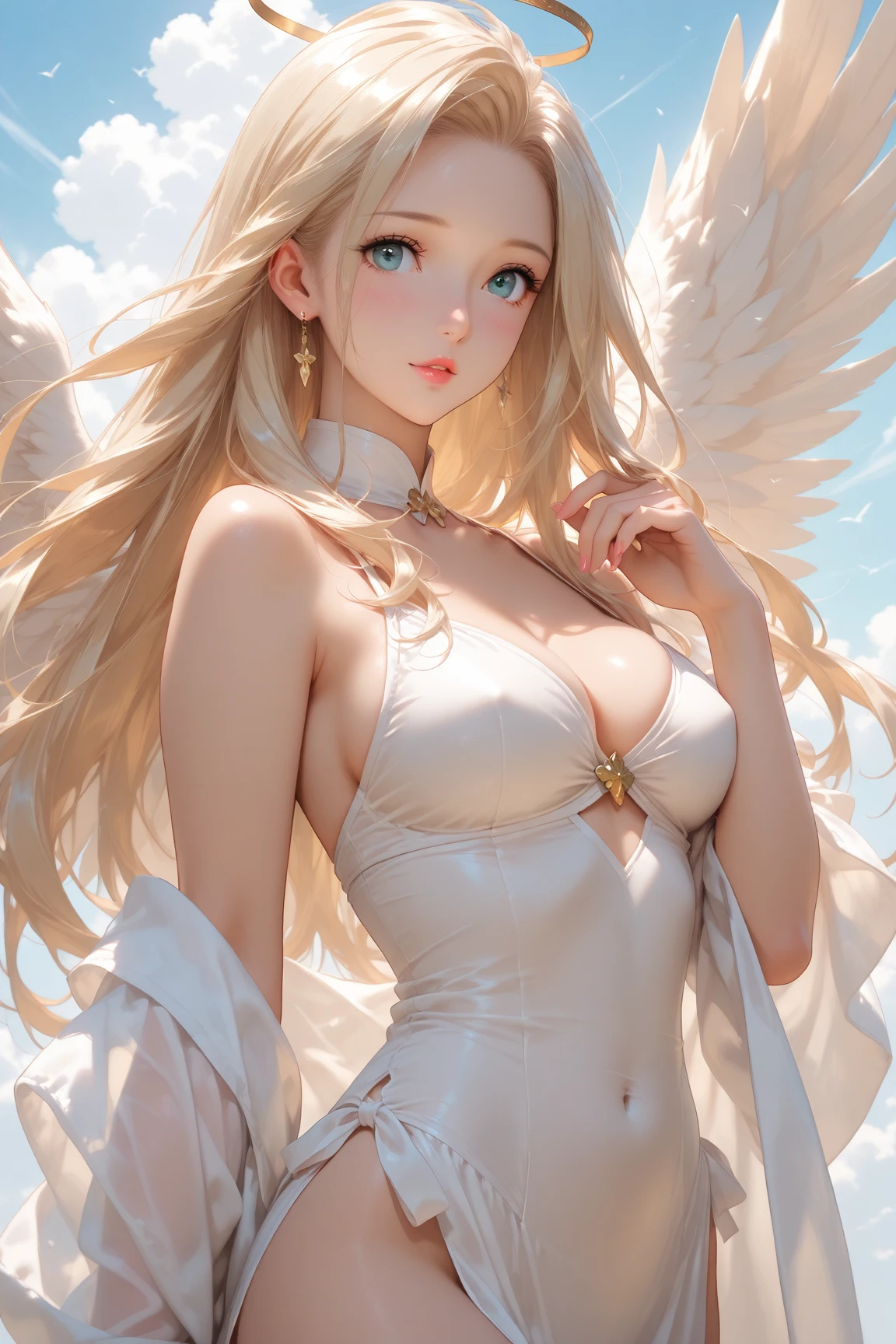 Delicate and detailed representation as in the photo, Photorealistic, A detailed and perfect face, Dressed as an angel, D cup big bust, Bright light pink lips, pure white skin, a blond, Brown eyes, Excited look