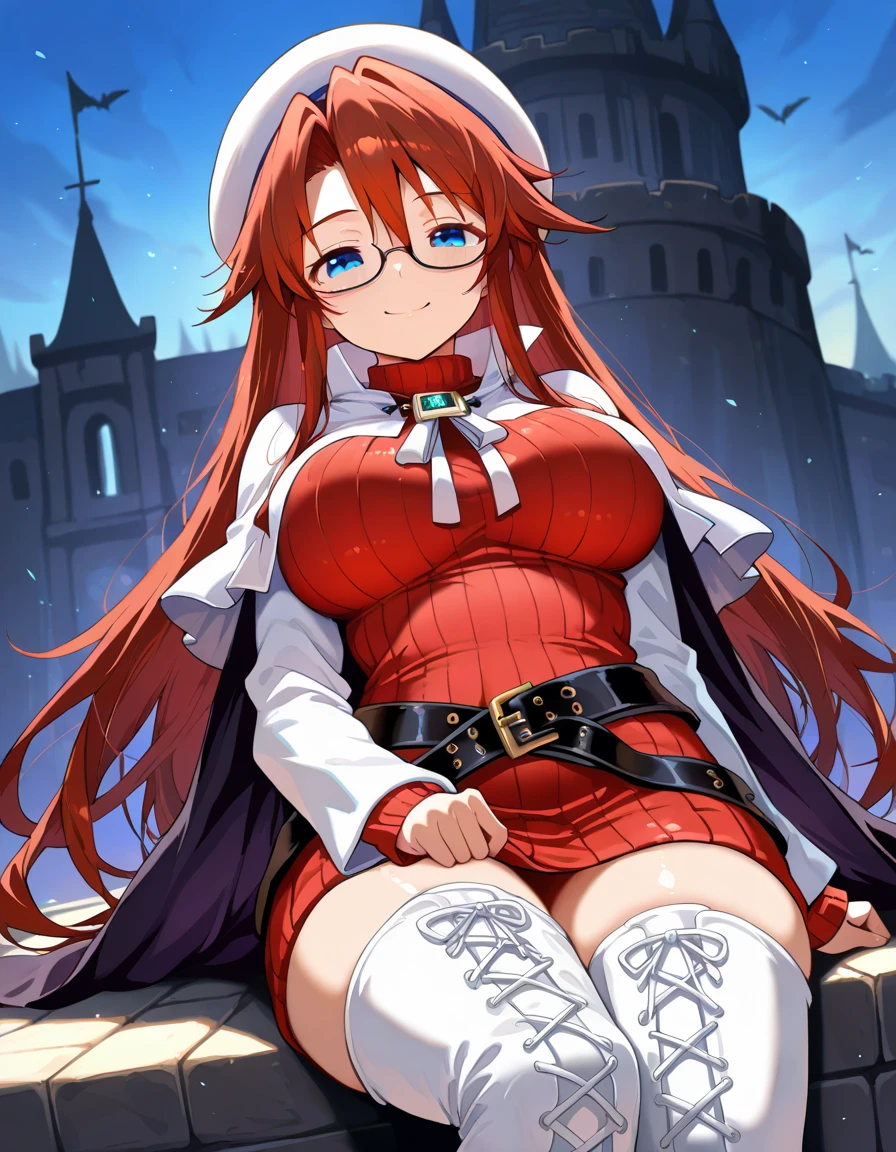 summonnightaty, aty, long hair, blue eyes, red hair, beret, hat, glasses,
BREAK long hair, thighhighs, hat, dress, boots, glasses, belt, cape, sweater, zettai ryouiki, beret, thigh boots, white footwear, ribbed sweater, loose belt,,
BREAK outdoors, fantasy_city,
BREAK (masterpiece:1.2), best quality, high resolution, unity 8k wallpaper, (illustration:0.8), (beautiful detailed eyes:1.6), extremely detailed face, perfect lighting, extremely detailed CG, (perfect hands, perfect anatomy),(covered_nipples:1.3),covered_navel,light_smile,dynamic_posing,(half_eyes:1.2),light_open_mouth,sword,sitting,