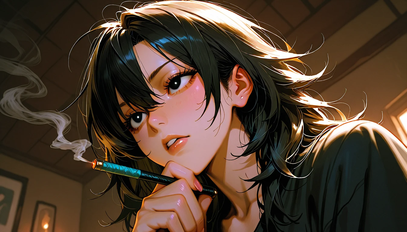 droopy eyes, tobacco, ((I have one hand on my chin))、smoking, smoke, dark haired, ((staring at me))、loose fit, 24 year old, whip, messy hair, Details、hanging eyes , Triple Eye,, masterpiece, Ultra high resolution, anatomically accurate, Super Detailed, High Details, high quality, 最high quality, masterpiece, large trainer performing high kicks, from below,