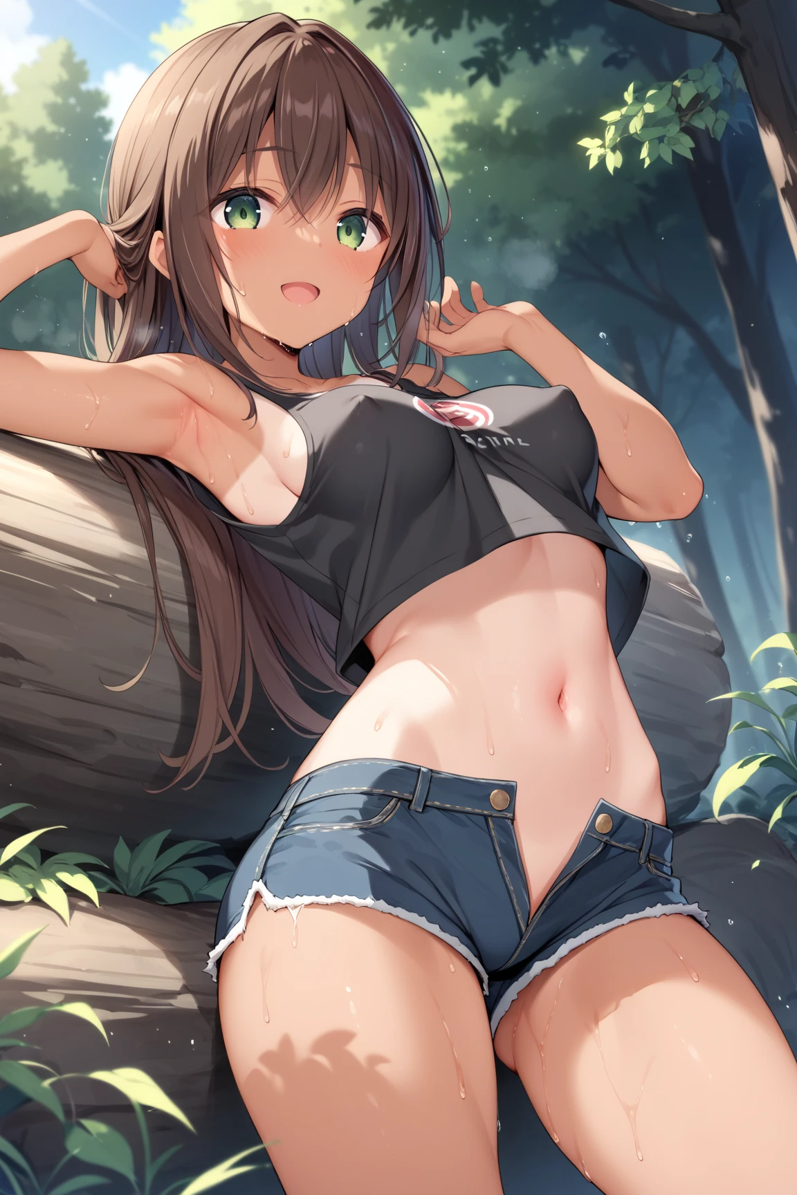 A tan-skinned anime girl lies on the ground, her ribs protruding from her emaciated body. She wears a bikini top and cargo pants, her hunger evident in the sweat beads that cover her skin. Rendered in a gritty, anime style.