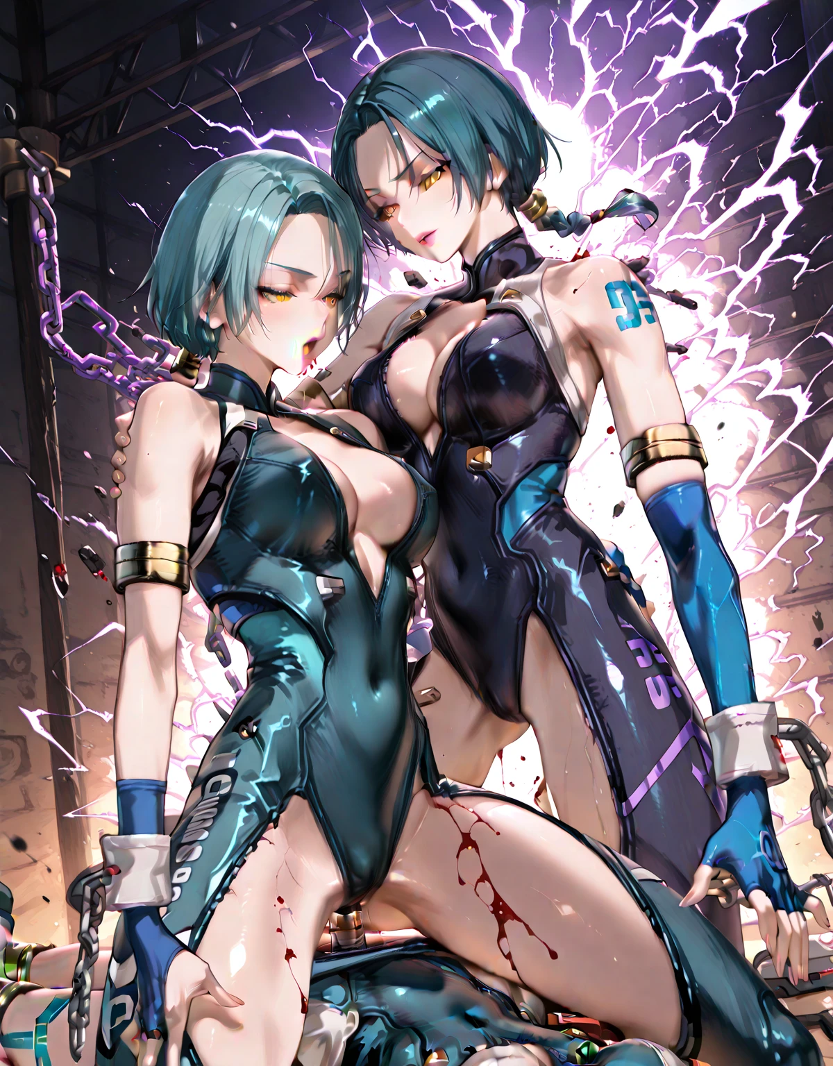 ((masterpiece,Highest quality:1.3)),(Torture with electric current),Mechanical Tentacles、cowboy shot,1woman、30-year-old beautiful detective、独奏,(very small head:1.3),green hair,(low ponytail),long hair,blunt bangs,green eyes,gorgeous eyes,tears、Pain、open mouth,drooling,medium breasts,(very long body:1.2),(toned body,slender body,skinny),gleaming skin,shiny skin,oily skin,(Injury:1.4),((A blue light current flows through the woman:1.5)),topless,nipples,navel、vagina,bottomless,White sneakers、kneeling,arms behind back,spread legs:1.3,(Tentacles restrain a woman:1.3)、Inside an abandoned building、rubble、World of Blade Runner、nsfw,
