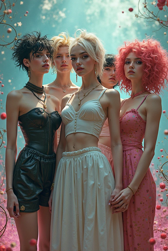 Norman Rockwell style illustration of three pretty, nubile, thin teen girls, from the waist up, with 50s style hair, wearing body harness straps, white collar, bare chests, exposed nipples, puffy nipples , glitter on chest, bare crotch, small breasts, topless, open jacket, white collar, black spiked belt, choker necklace, spiked bracelet, pink and yellow neon lighting