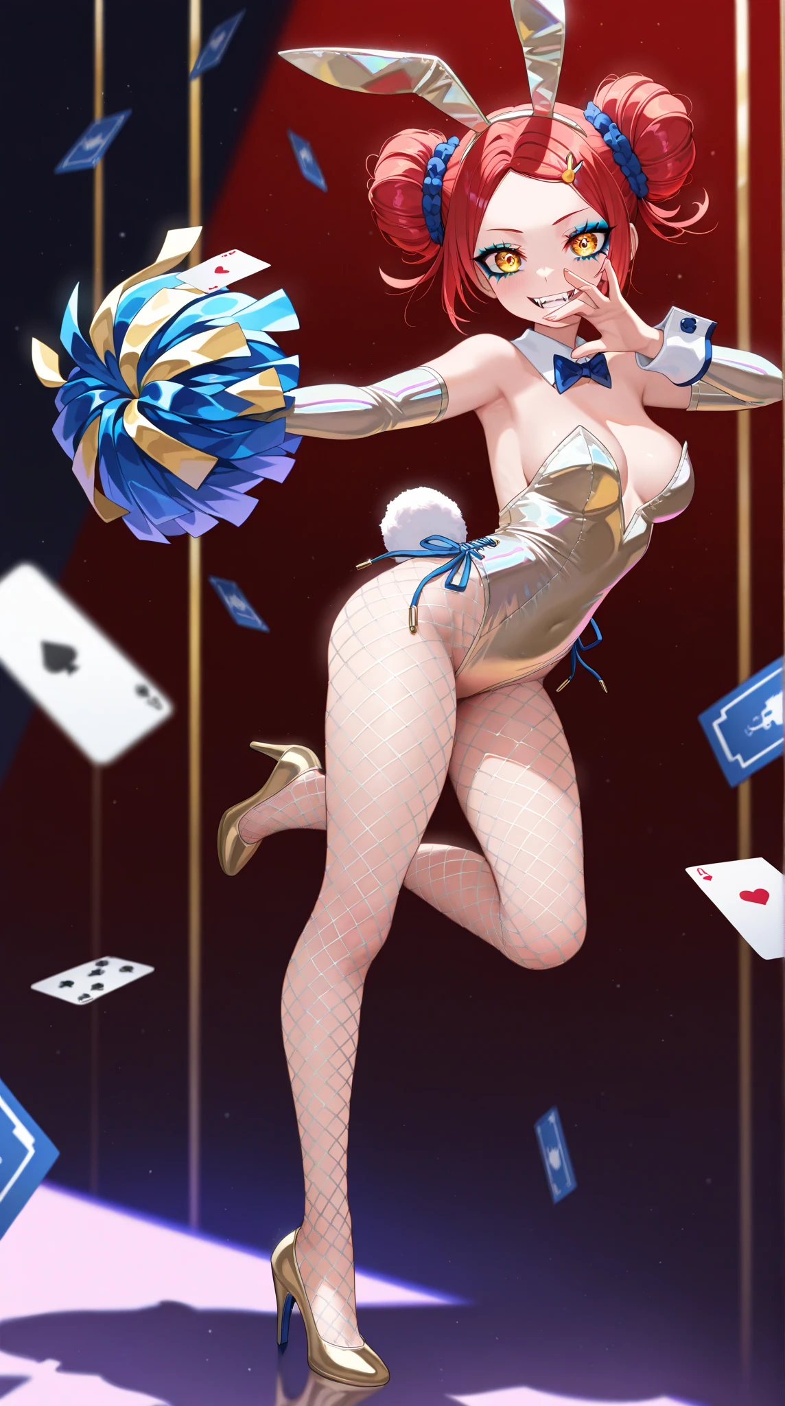(masterpiece, best quality, ultra detailed, absurdres)1.5, 1girl, (sexy, beautiful woman, perfect face, perfect eyes, perfect female body, huge breasts)1.5, (playboy bunny, highleg leotard, bowtie, wrist cuffs, pantyhose, high heels, long hair, straight hair, c4rds, cards, surrounded by cards, <lora:Concept - Card Tricks:0.75>, covered nipples, bowtie), (standing, dynamic pose, inside a theater), perfect lighting, smooth, hdr
