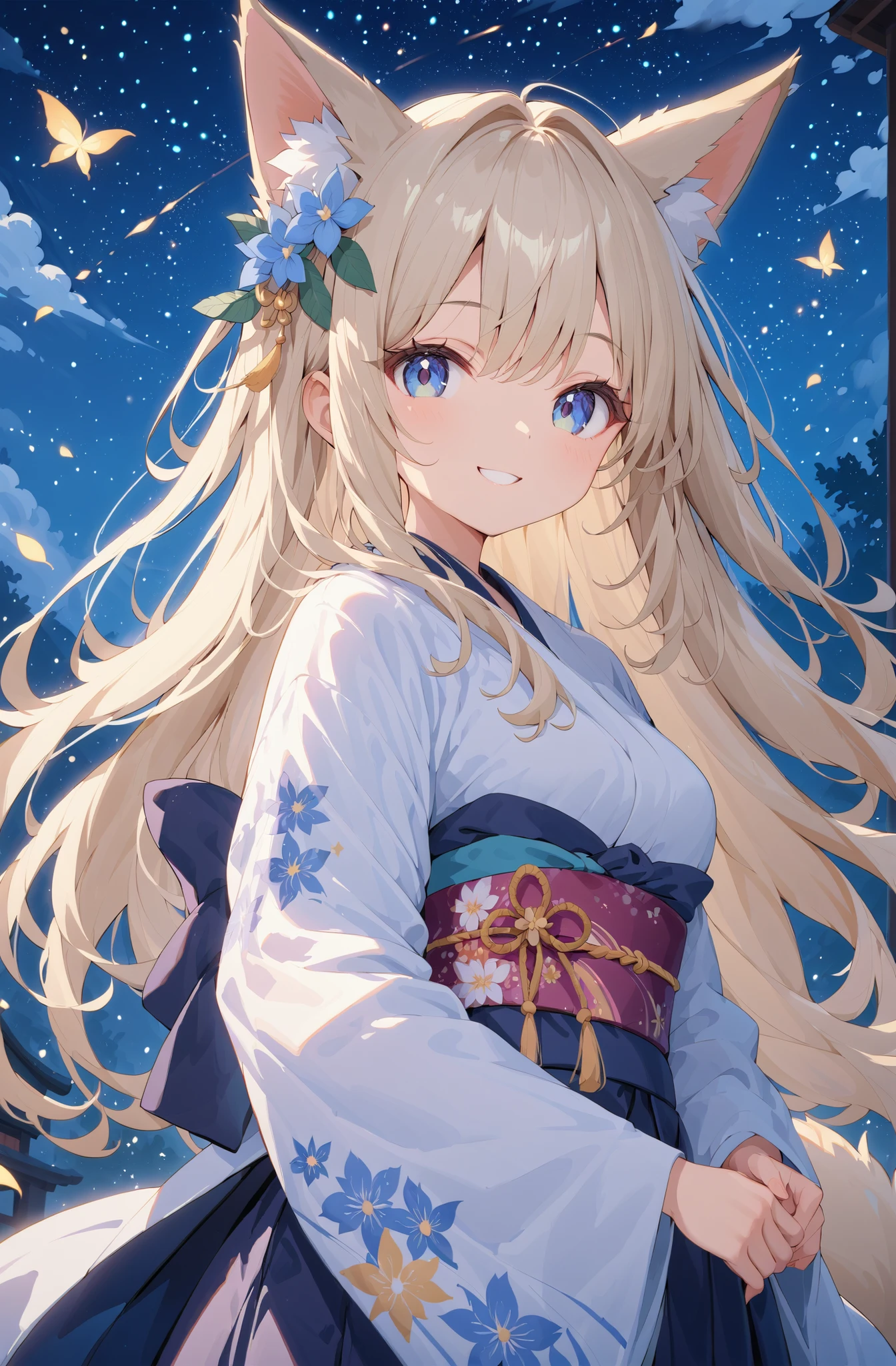 masterpiece、Concept Art、(very detailed)、 (((masterpiece、top quality))) 、Girl 1、night、starry sky、Moonlight:1.2、(fox ear、platinum blonde、long hair、 kimono)、( A soft smile ) 、Standing picture