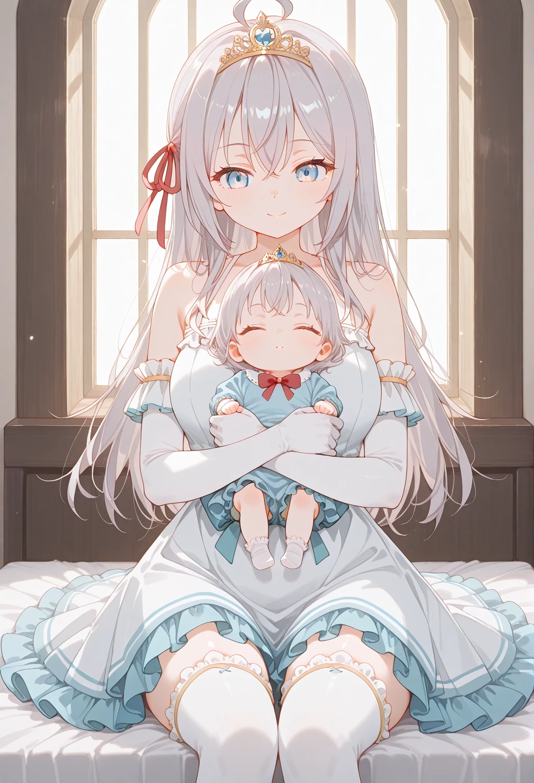 best quality, masterpiece,  
, short hair, putih hair, putih eyes, tachibana hibiki , energetic girl, young girl, (petite girl),
hospital bed, (hospital_gown), happy, hugging, holding infant, oyako, mother and daughter, family,  half-closed eyes, lactation, , open mouth,