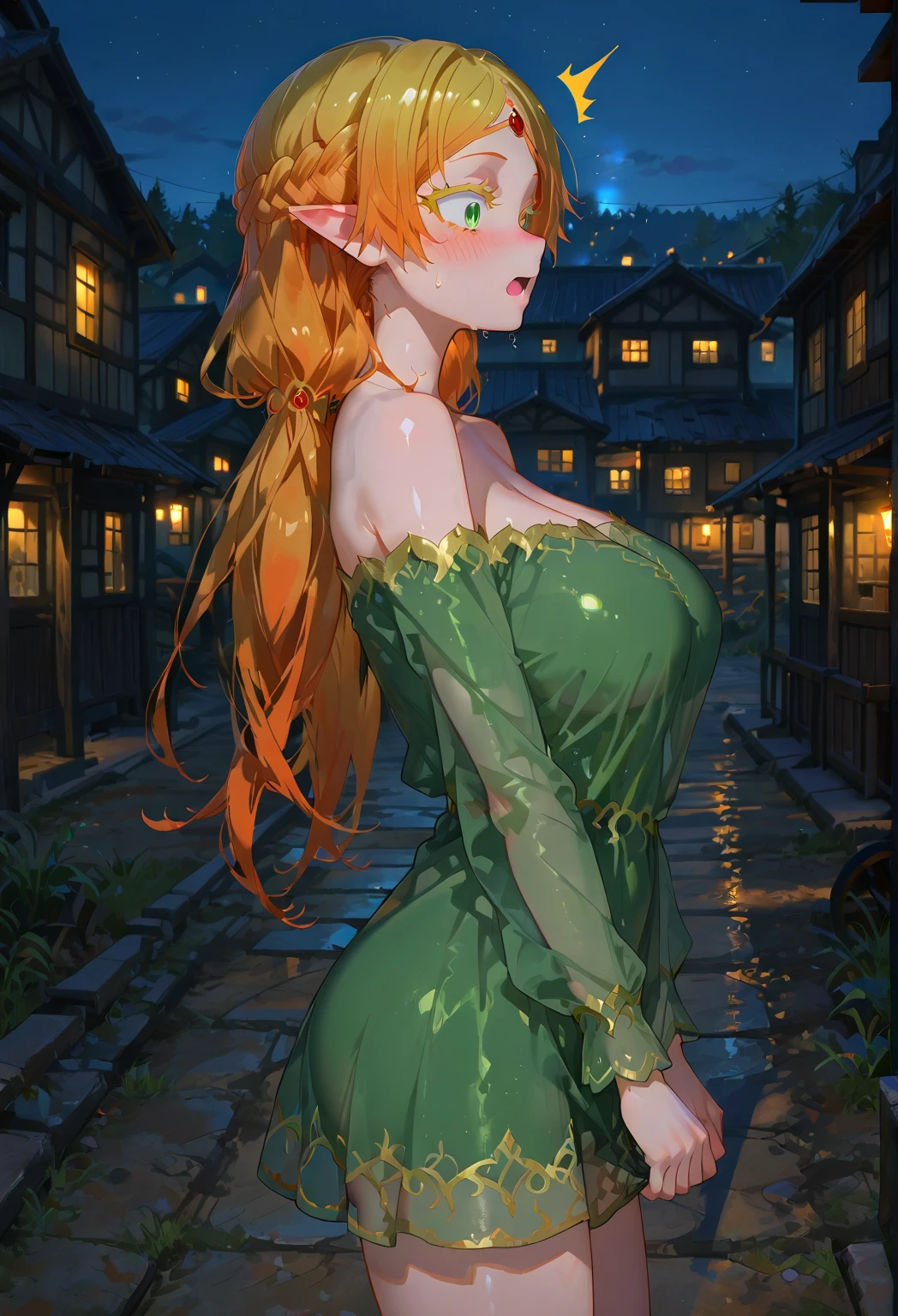 ((1 girl)),((alone)), Sui tsundere elf, girl of medium height, serious expression, embarrassed, blushing, looking at viewer, hands on waist, long hair, blonde hair, green eyes, pointed ears, goblin, multicolored hair, jewel on the forehead, (green dress, transparent dress, dress with ruffles, neckline, bare legs, green shoes, bare back, bare arms), interior, medieval inn, bedroom, night, window, moon, lights from the village, bent over, smile, small breasts, narrow waist, wide hips, wide thighs, round butt, curvy body, perfect body, perfect toes,((solo)),Standing,dynamic pose,cowboy shot,angle dutch,Ultra detailed,Masterpiece,detailed eyes,detailed background,sharp focus,Looking back,from behind, ((focus on ass)),pov(from below),perfect hands,perfect anatomy