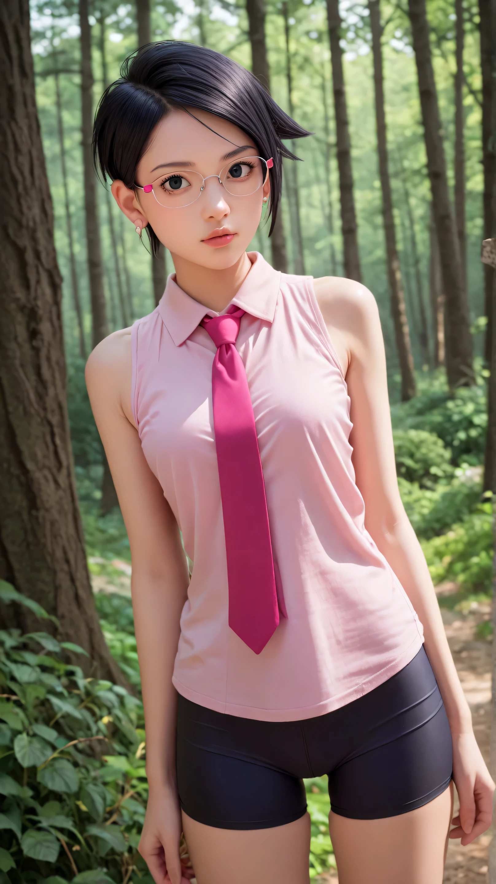 1girl, solo,sarada uchiha,black eyes,black hair,undercut hair,outdoors,potrait,small breast,wearing glasses,forest,summer backround,(wear sleeveless pink shirt:1.5),standing,earings,purple bike shorts,magenta necktie
