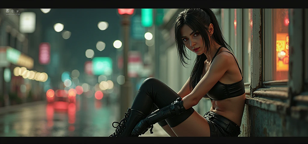 masterpiece, Best Quality, super rendering, super Realistic, High Detail Face, Clean and delicate face, whole body, sitting on a chair in a cyberpunk room in a very sexy futuristic outfit with her legs crossedgcyberpunk girl seductive pose, wearing a camisole and pleated mini skirt, bare ass, open legs, Sleeveless, black pantyhose, white short boots, glaring at the viewer, cyberpunk  background
