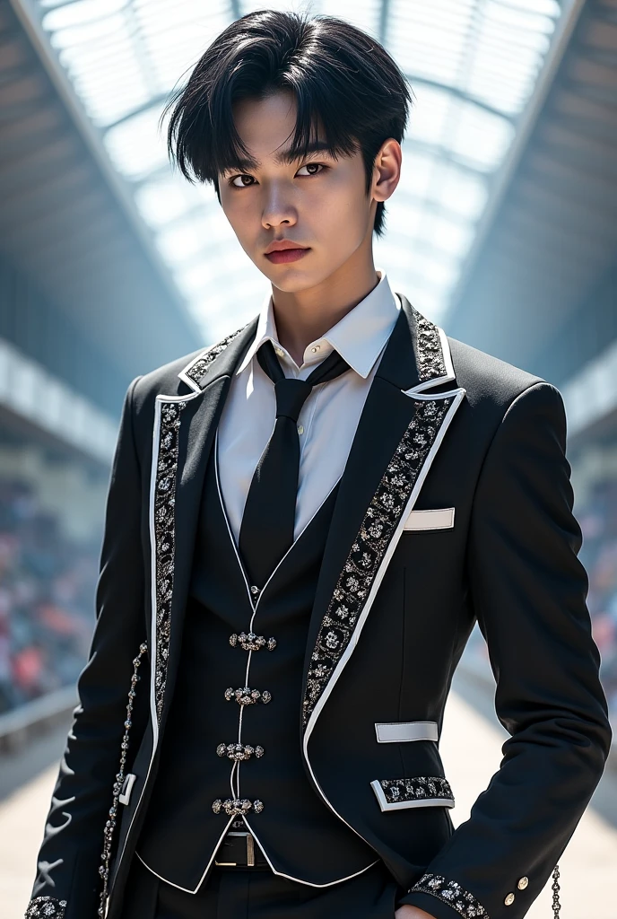 BTS Jungkook, Korean Boy, Wearing makeup , Korean Man, Best illustrations, Best Quality, Gorgeous Background, Male Focus, Brown Skin , Iris, look at the portraits of the audience, Short blonde, Sitting, Asian Man, A rather muscular 30-year-old man wearing a suit, masterpiece, Superior Quality, 8K Ultra HD, Digital SLR, Realistic Painting Art, Thick and dignified々Beautifully curved eyebrows, clear big eyes, Deeply carved face, Big Nose, Wide forehead, Brown Skin, Dark Eyes
