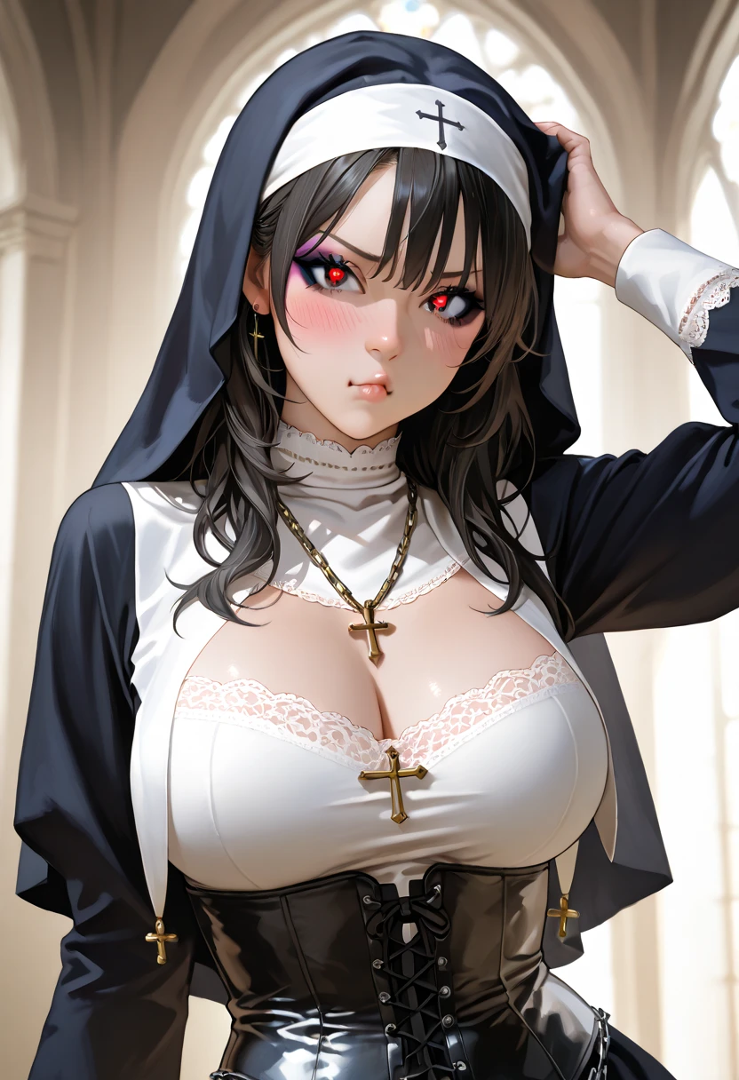 gothic nun, giant breasts, 1990s, masterpiece, cinematic lighting, highly detailed, octane render, photorealistic, dark fantasy, chiaroscuro, dramatic shadows, moody atmosphere, muted color palette, oil painting, hyper realistic, intricate details, sharp focus, volumetric lighting