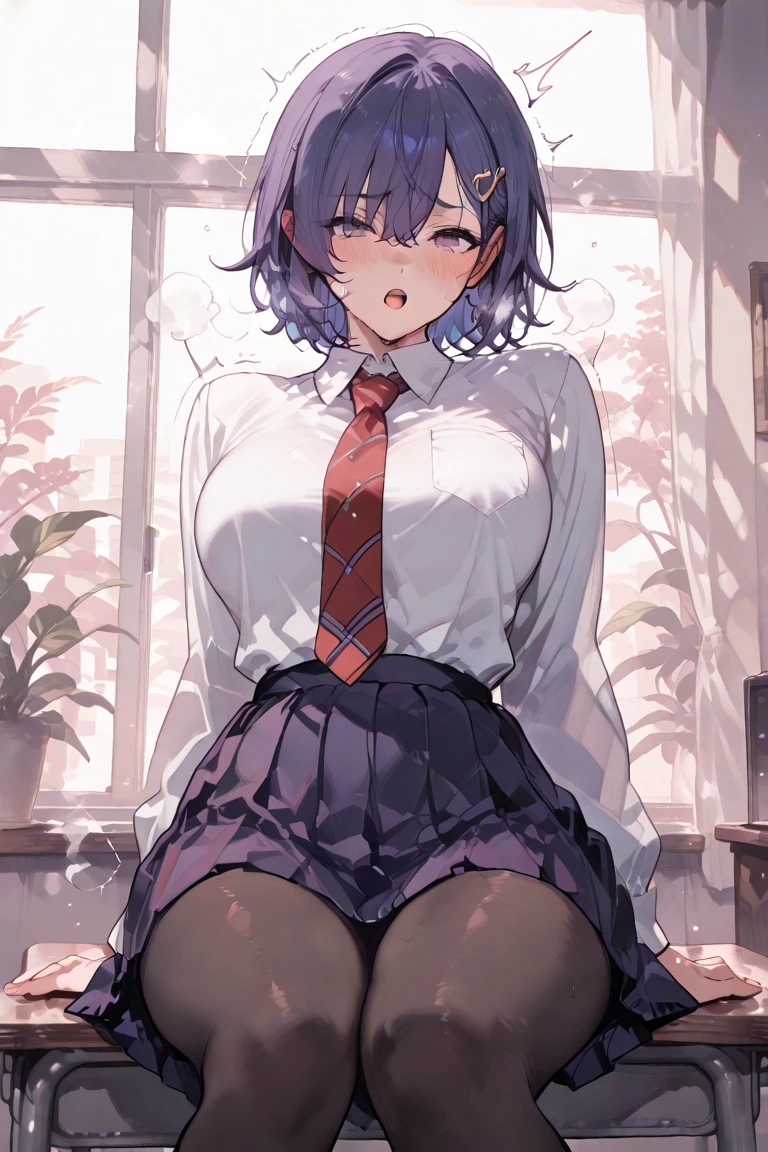 finest, masterpiece, High resolution, (Full-body view from head to toe), front, frontやや下からの構図, symmetry, 18 year old girl, alone, (whole body from head to toe), small breasts, brown hair, slightly messy hair, long hair, bangs, (black tights), ( (black pantyhose), black pantyhose, (squatting pose), (bondage), (spread your legs), (tie one'hands tied behind one's back'Came back), (her legs spread、You can see her white panties between her legs..), composition Show me your white panties, slender beautiful legs, とても美しい18 year old girl, (navy high heels), blush, shy big eyes, messy hair, looking at camera, Show me your white panties, Hide your arms behind your back, dark blue office lady uniform, dark blue pencil skirt, navy blue vest, beige cardigan