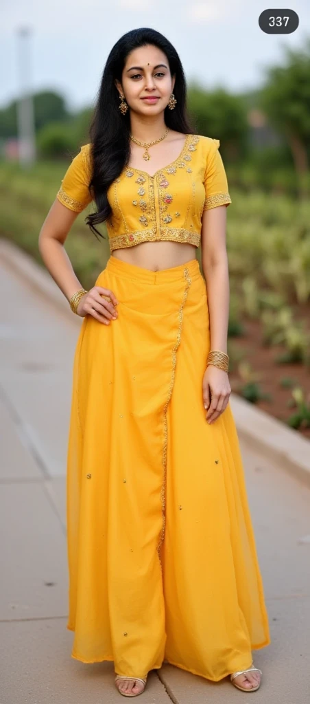 A modern, youthful twist on the divine siblings, Lakshmi and Kubera, with Lakshmi, the Indian goddess of wealth and prosperity, adopting a trendy school girl look. She's dressed in a vibrant crop top that exposes her toned midriff, adorned with intricate gold detailing reminiscent of her traditional attire. Her lower half is covered by a matching mini skirt, with thigh-high socks that feature playful motifs of coins and lotus flowers—symbols of her divine essence. On her feet are a pair of stylish yet comfortable school shoes, suitable for a day of learning and adventure. Lakshmi's signature jewelry, including her gold necklace and earrings, sparkle as they catch the light, hinting at her heavenly origin.