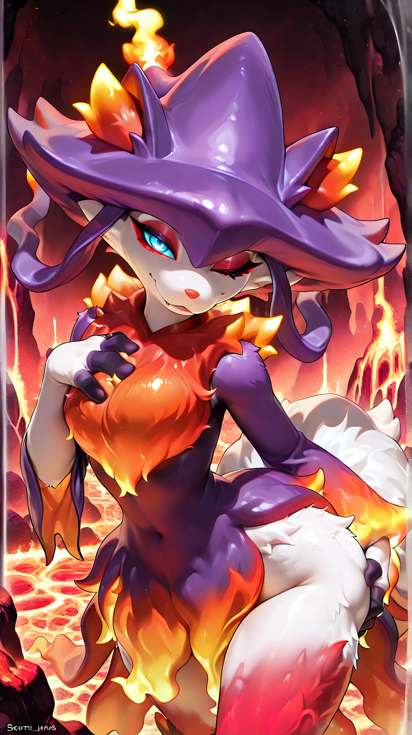 ((pokémon Cinderace female goth )) ,Purple hair , wearing skirt , ((white Purple yellow Colors only)) ,((Best quality ,artwork ))