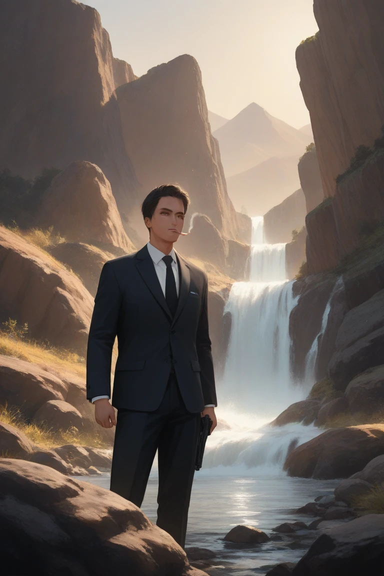 A man, brown hair, short, 45 years old in beautiful landscape, realistic shape