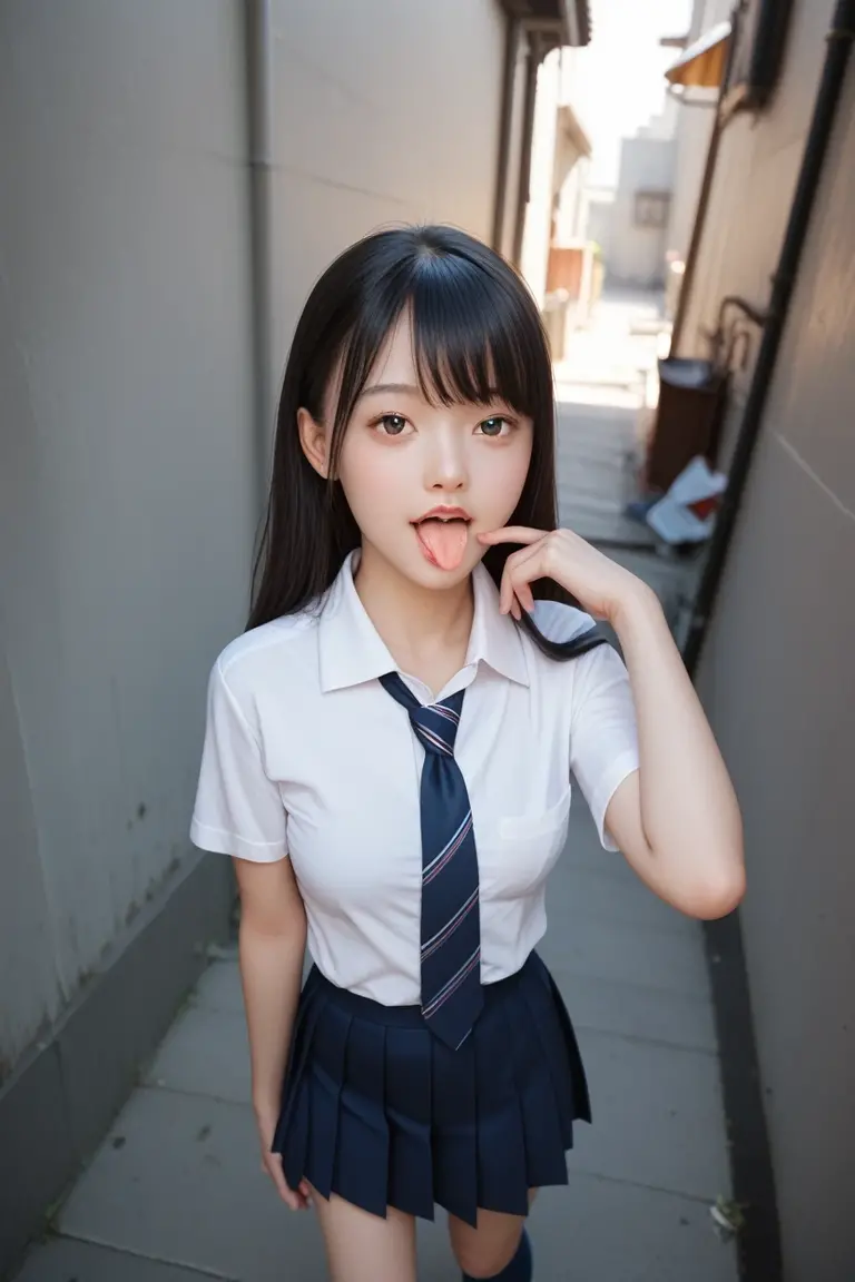 ,collared shirt,Short sleeve,pleated skirt,tie,Navy blue socks,(open mouth:1.5),(tongue out:2),dim,Alley,stand,Hands under the chin,front view,cowboy shot,from above(1girl,Beautiful 14 year old girl,teenager),((Slender,Small breasts,Small face,)),(looking at viewer),Black Hair,bangs,straight,Beautiful and detailed