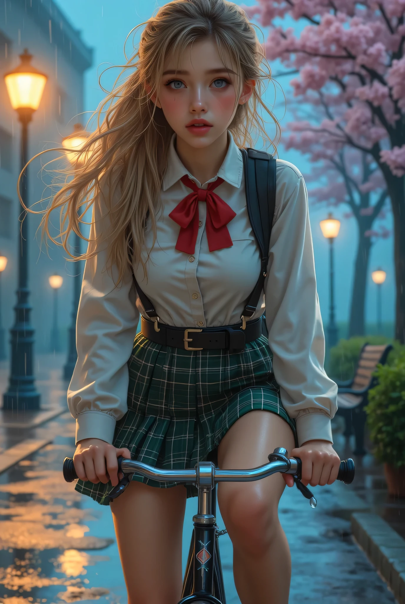ultra fineCG Unity 8k壁紙、best image quality、ultra fine、masterpiece、real、photoreal、Ultra Fine Cute Girl、18 years old、(通学路をbicycleで通う女子高生)。((sidemap))、(bicycleに乗っている)、(Smiling high school students )、((skirt flip)、(Turn it over yourself)、(Angle from slightly below the stairs)、Blush、red lips、staring at viewers、((low angle))Lightning Body Shot、(Japanese high school student with designated shoes)、(plaid miniskirt:1.5)、(wet student white shirt opening in front、(loose red bow tie:1.2)、(black loafers:1.5)、(beautiful顔:1.3)、(Perfect proportions:1.2)、(long legs:1.2)、(beautiful:1.3)、(pink seen through the skirt panties)、(cherry blossom park bench)Top quality work、bicycle、(in)、(internal)、Actual 、ULTRA PREMIUM GRAPHICS、8K HD CG Works、High Quality Graphics、High resolution CG work、10x pixels、very fine details:1.1、Advanced Technical Details:1. 1 photorealistic 、Natural Light:1.5、((Blonde white hair、long hair))、(ponytail)Light Effects(仮想Light Effects:1.8)、、Transparent Hair、Detailed Hair(Premium Hair Details:1.1)Clear Eyes、one woman、beautiful二重まぶた、Sharp eye makeup(RAW shooting、photorealistic happy face:1.5、8k、Highest image quality、masterpiece、with oil painting Ultra High Resolution)、perfect dynamic composition:1.2、Night Street Corner、and looking up at the sky:1.3、(Heavy rain due to typhoon ))、highly detailed skin and face textures:1.High school girl wet in the rain:1.EXY BEAUTY、perfect style:1.2、Aesthetics and beauty、white skin、very cute face、(rain dripping all over my body:1.2、wet hair:1.4、wet hair:1.2)、Water drops on skin、(Cleavage coordination)、(laugh shyly、expression when feeling intense caress、expression of joy)、(beautiful青い瞳)、perfect body、 Perfect Fingertips 、best image quality、Live-action film、ULTRA PREMIUM GRAPHICS、8K HD CG Works、Hi-Vision Graphics、High definition CG artwork、10x pixels、 Ultra Fine Details :1.1、