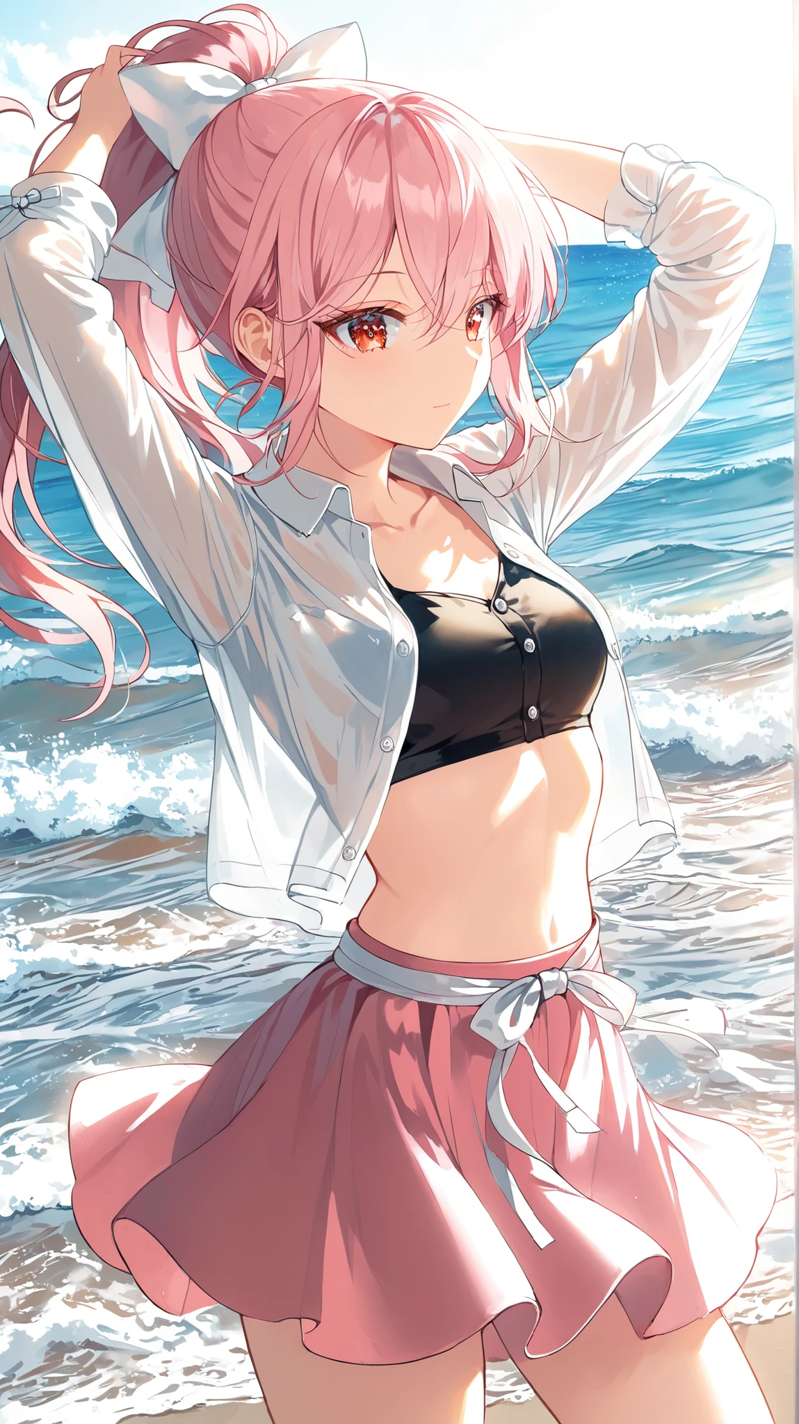 beautiful young Korean high school girl standing on a sunny beach. She has striking red eyes and long, light pink wavy hair tied in a high ponytail. She is wearing unbuttoned white shirt, black crop top, pink high-waist skirt with white ribbon around the waist, stylish yet modest, with small details. She has small chest and hourglass figure, her posture confident but relaxed. In the background, the beach stretches wide, the ocean waves are high and rolling in the very far away from the view, and the bright sun is shining above, casting a warm golden glow. The overall mood is energetic, summery, and vibrant.