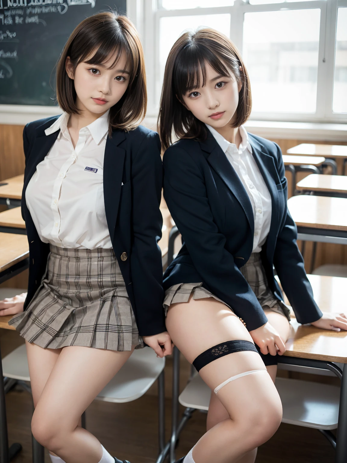 (((Bondage Suit:1.35)))、(((Black fishnet stockings:1.35)))、(((Panties:1.35)))、(((High heels:1.35)))、(masterpiece, Highest quality:1.37), High resolution, Super detailed, Ultra Sharp, break, Japanese high school girl model, One girl, (Black Hair, short hair, bangs), blue eyes, jewelry, Earrings, Earrings, break, ((Detailed school girl:1.5), Sailor shirt with collar, Pleated skirt, Looks great), Grin, A light smile, Part your lips, Pink lipstick, break, Are standing, Cowboy Shot, Put your arms behind your back, Put your arms behind your hips, Detailed human hand, High Definition:1.2, ((Detailed classroom background:1.3)), 8 Life-size, thin, Anime Style, Anime Style school girl, Perfect Anatomy, Perfect Proportions, Inspired by Kyoto Animation and A-1 Pictures,