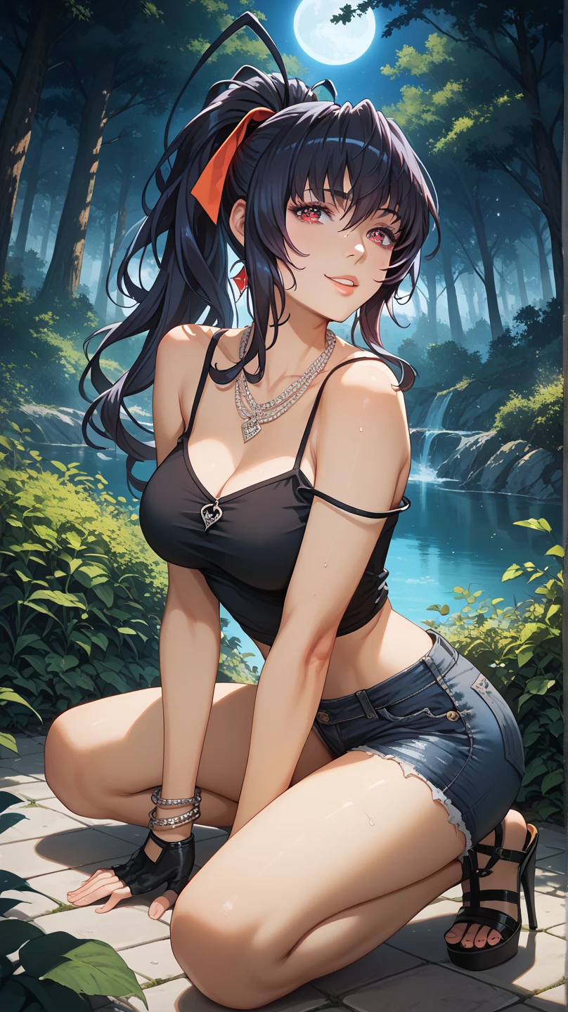 Fu Hua(Rustic Noir), (long hair, grey hair:1.6), see-through, navel, breasts, 1girl, wet_clothes, jewelry, wet, necklace, large_breasts, tree, nature, skirt, solo, outdoors, day, bracelet, bare_shoulders, collarbone, pleated_skirt, looking_at_viewer, water, shirt, wet_shirt, lips, forest, dutch_angle, thighs, rock, sitting, parted_lips, plant, sunlight, Photorealistic, Hyperrealistic, Hyperdetailed, analog style, soft lighting, subsurface scattering, realistic, heavy shadow, masterpiece, best quality, ultra realistic, 8k, golden ratio, Intricate, High Detail, film photography, soft focus