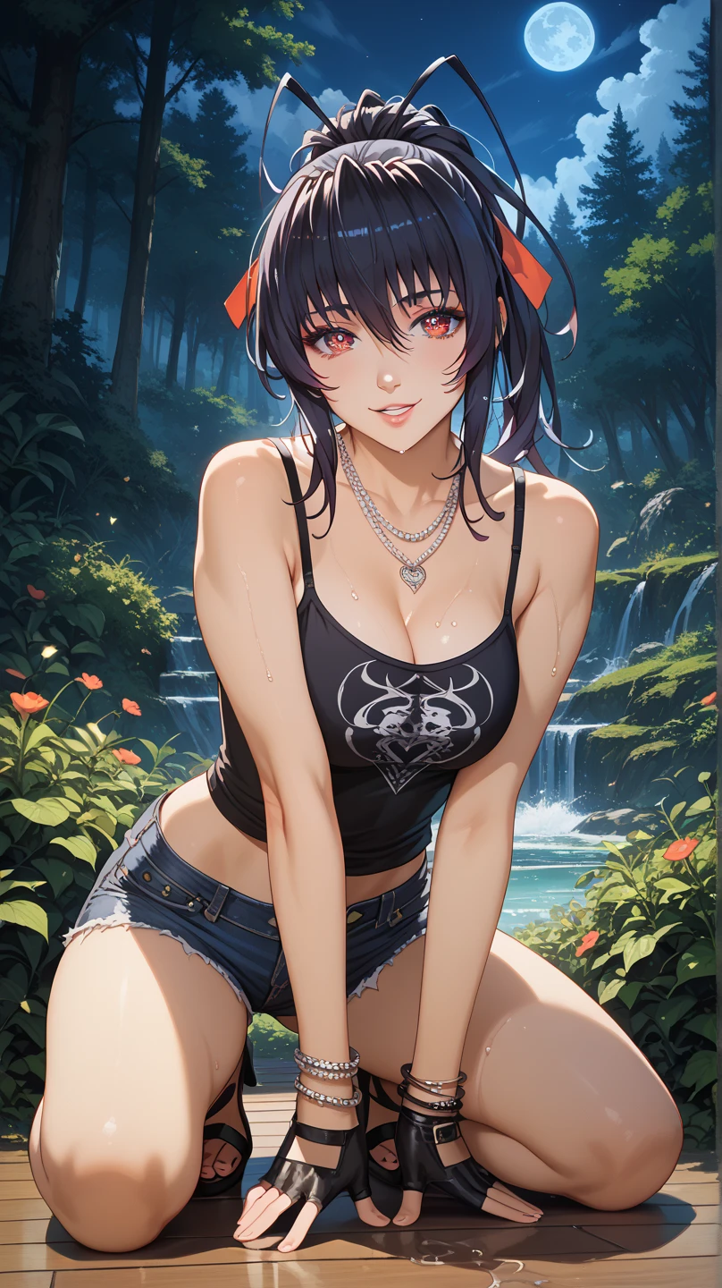 score_9, score_8_up, score_7_up, score_6_up, score_5_up, anime screencap, solo, 1girl, gothic, nature, glowing, luminescent, goth, naked, pale skin, black hair, standing, thong, shirt, crop top, arms up, adjusting hair, red eyes, midriff, cameltoe, bottomless, smile, thigh gap, starry night, garden, outside, blossoms, blue glowing butterflies, realistic, Goth girl