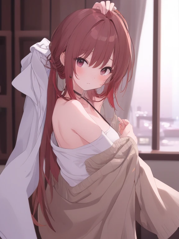 (masterpiece),(best quality),(ultra-detailed),(best illustration),(best shadow),(absurdres),(detailed background),(very aesthetic),1girl,solo,dim lighting,in narrow bedroom,heavy breath,shiny skin,sweat,,TokinoSora, long hair, star hair ornament,red hair ribbon, blue eyes,aged up,embarrassed,covering breasts,covering crotch,nude,looking at viewer,shy smile,
