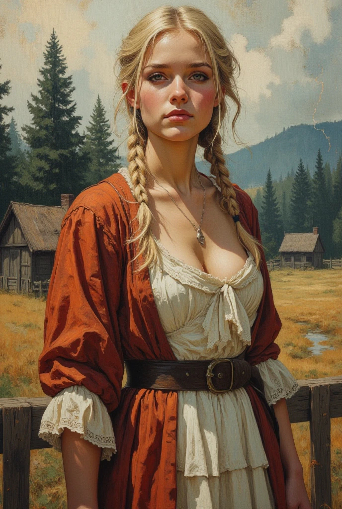 masterpiece, painted portrait of Guinwen as a peasant, 8K, 1 girl, realistic painting, big head, short neck, pretty face, detailed face, pretty face, round cheeks, ((face of Guinwen)), ((face of Guin)), detailed eyes, graue Augen, big lips, (((full lips))), parted lips, blond, ((blonde hair)), liftet brows,Haaransatz, thick braid, sehr detailliert, sichtbare Taille, large breasts, ((gigantic breasts)), (natural breasts), sagging breasts, voll bekleidet, Portrait, guests in the background, full body, ((oil painting)), full cleavage, full lips, soft skin, (green dress), dreamy look,style of frank frazetta, full body, full cleavage, forest in the background, fields in the background, clouds and a dramatic sky, poor woman, poor womans dress, dirty top
