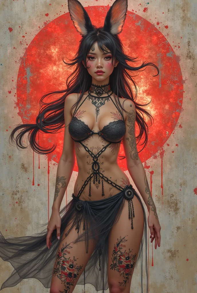 Beauty, high heels, astonished facial expression, in Japanese clothes, with perfectly styled long hair., thigh garter, necklace with attached chain , tattoos all over the body, perfect breasts, , perfect body, black long hair, ONI demon mask on the face, aesthetics