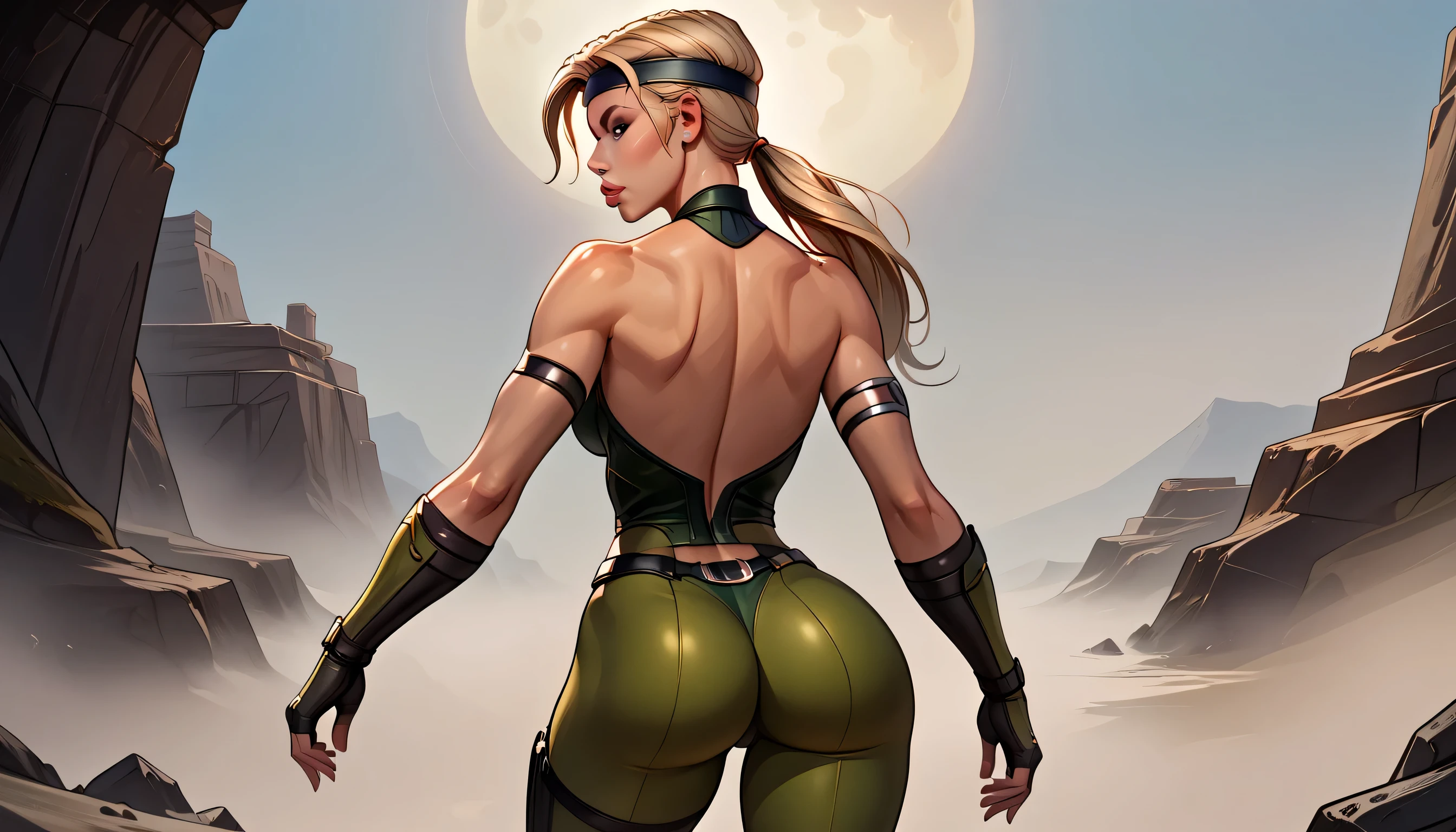 Sonyamk1, blonde hair, brown eyes, headband, green crop top, green pantyhose, black bracers, black sash, looking serious, angry, medium shot,
standing, from_behind, outside, temple, night, moon, extreme detail, masterpiece, beautiful quality, <lora:Sonyamk1:.8>