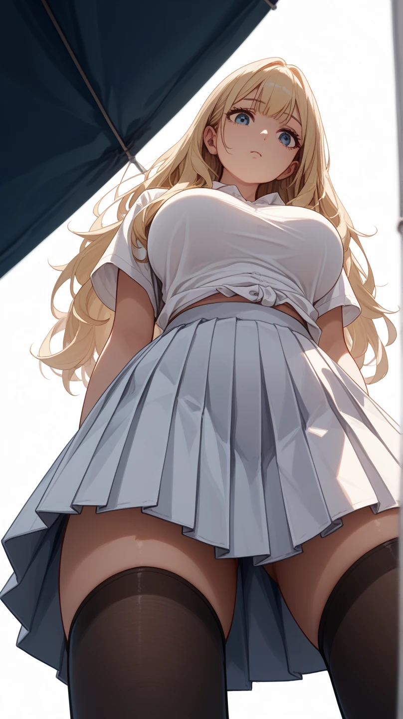 1 girl,a beautiful model ,(work of art, offcial art, best qualityer) (blue colored eyes) shiny hair, Long Bob, blonde hair with blonde highlights in the hair, hypdertailed, fleshy lips, steep nose, big fit ass , Pickling, elegant makeup, exhibitionism, Nude in public, , fine thighs, toned body, shining skin, pose sexy, blue colored eyes, (((haughty, Provocative)))), narrow hips, wearing high hip Correia and see-through top, , ((girl wearing open white blouse with black bra and short skirt, embarrased)), gold hoop earrings, pink eyeshadow, Correia, cute face, academy,, pele tanned, tanned