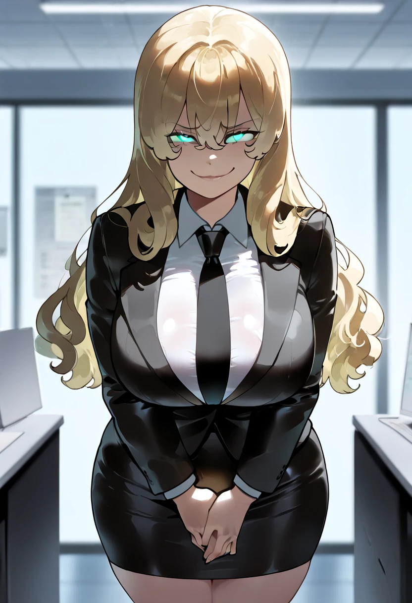 masterpiece, best quality, full_body, standing, look_at_viewer, blush, one woman, cute face, half Japanese, half American, blonde, married, big breast, big butt, 28 years old, office lady's black suit