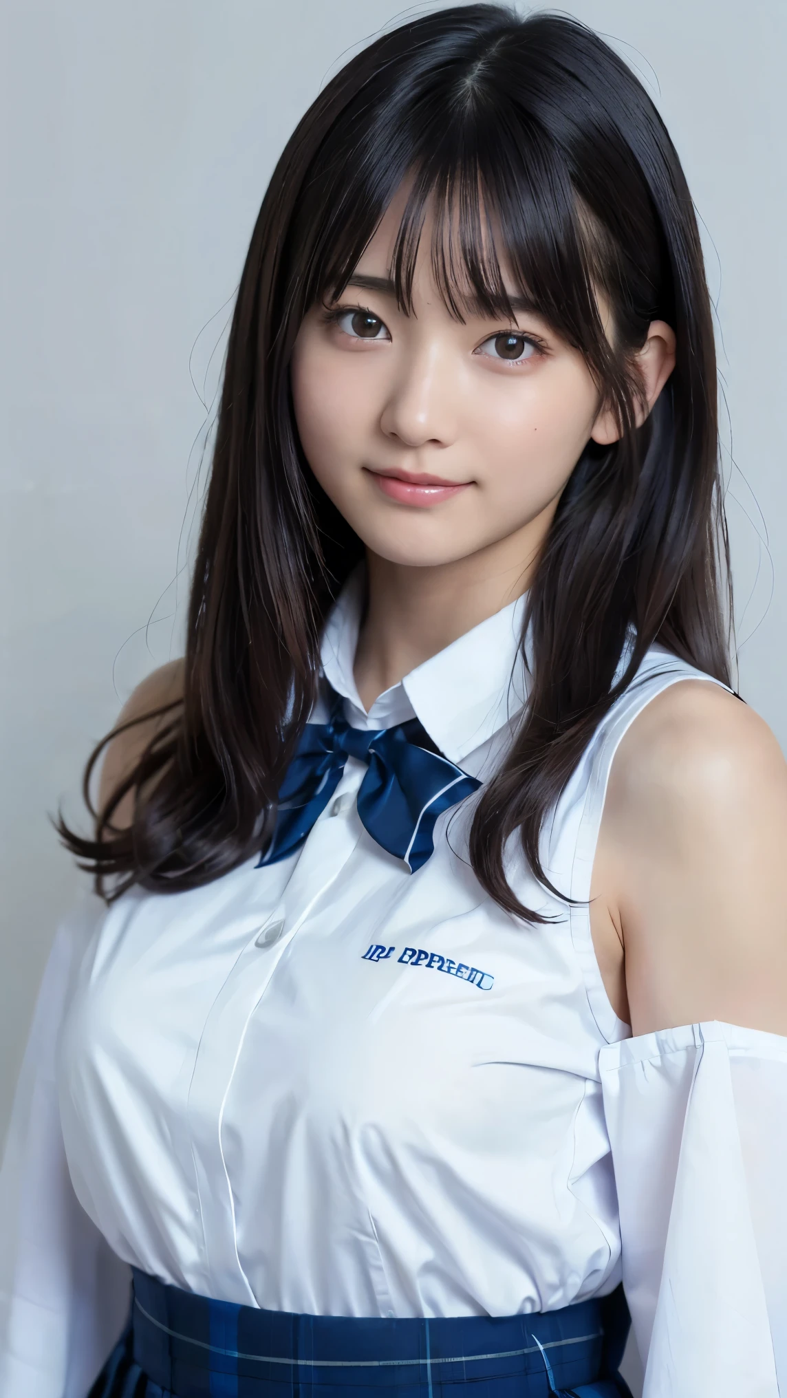cleavage is visible,chest wide open,standing straight,1 nogizaka girl, utterly cute, bishojo, 17yo, (white school uniform short sleeves), (blue plaid pleated skirt), an exquisitely detailed and beautiful face and eyes and skin, detailed black shine hair, small-medium breasts, smile at the camera, professional lighting, BREAK, (realistic, photo-realistic:1.37), 8k, (masterpiece), (best quality:1.4), (ultra high res:1.2), (RAW photo:1.2), (ultra detailed beautiful cloth), perfect anatomy, 4fingers and 1thumbs, ultra detailed background, (unity 8k wallpaper), ((cute smile)),((wearing a blouse with a short length, the abdomen is visible)),
