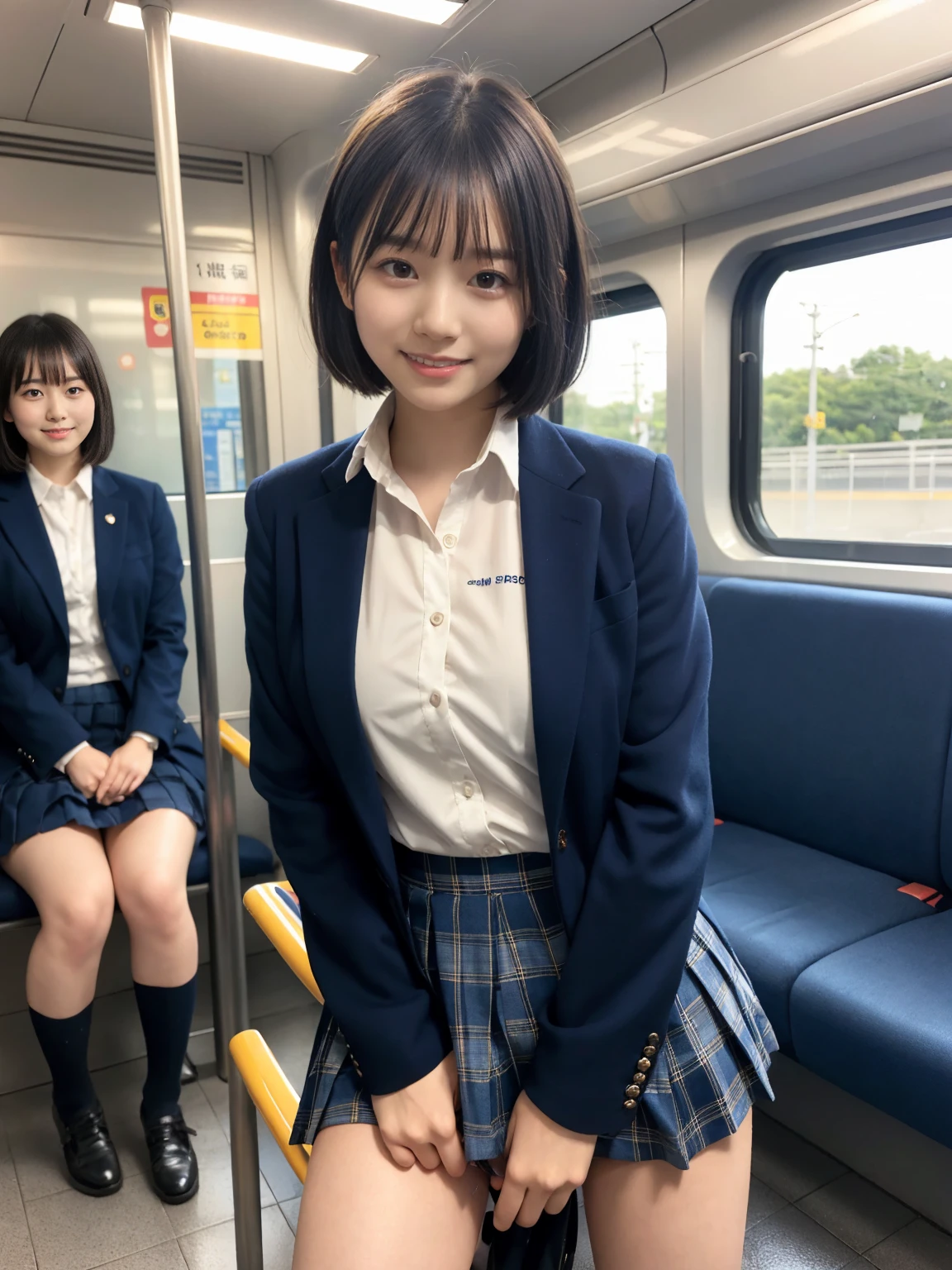 Center View、An Asian woman in a short skirt and bow tie is sitting on a train、Cute school girl、Japanese girls uniform、Wear Japan 、Japanese 、Surreal 、Dressed as a high school girl、Surreal 、Wear a uniform、Realistic school girl、Girl in uniform、Wear a uniform、 Pause、Whole Body Ezbian、Nice skin、Glowing Skin、Nice thighs、Shining thighs、Shining Regaleg , Japanese High School 、Nogizaka Idol、Korean Idol、Tai Gu emphasized、One person、crowd、Ultra mini skirt