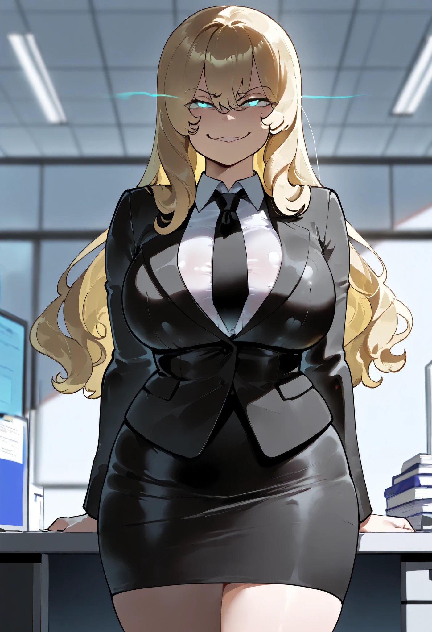 masterpiece, best quality, highres, 1girl, solo, long wavy that coils at the bottom hair, blonde hair, aqua eyes, glowing eyes, black suit, (big breasts: 1.4) black tie, black pencil skirt, hands folded in front of body, chest puffed out, smug expression, condenscending eyes, smile, standing, private office, solo