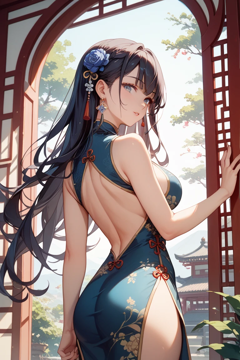 woman,20-year-old,city,(((Silk Chinese Dress))),,Laughing with your mouth open((Black Hair)),blush、,((Looking Back))()Reflecting the buttocks