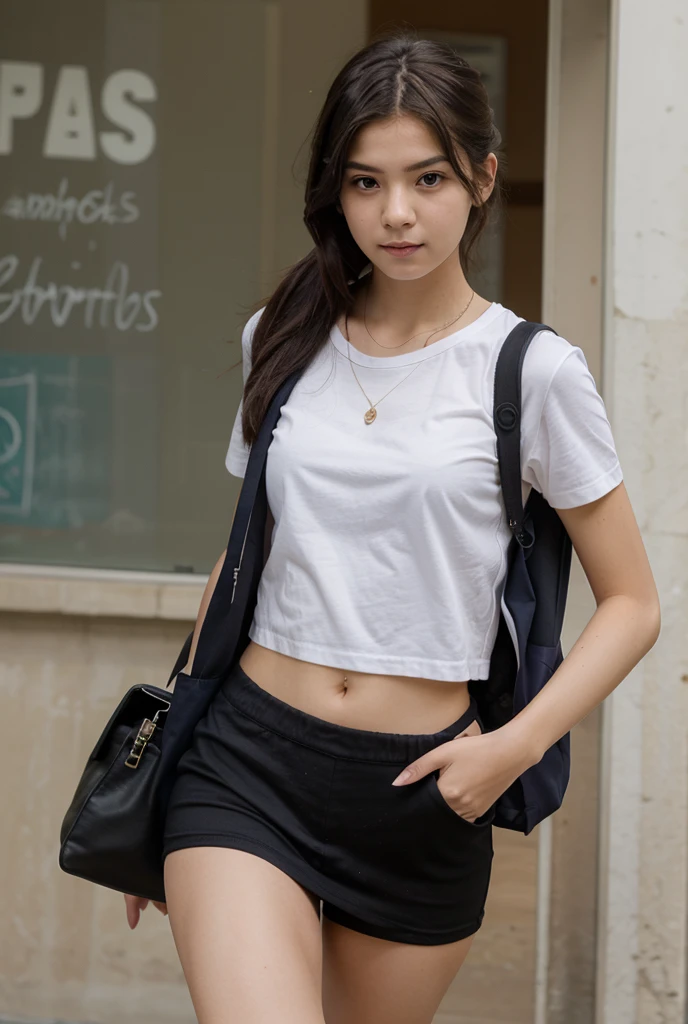 Picture taken with Sony A7RIV, realistic, 8K, Hi-Res picture, masterpiece, perfect facing viewer shoot, detailed complicated background, Gorgeous twenty years old Indonesian girl, natural body, pixie, white tank-top paired with black tartan skirt, stand, city alley in Jakarta