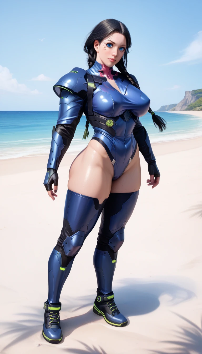 ((best quality,4k,8k,high resolution,masterpiece:1.5)), (black woman) , (30 anos), , afro hair, caminhando na praia, (sexy super shiny blue metallic leather plugsuit costume), (bota branca), (full body photo), (Neckline to the navel), sexy, sensual, hot, decotes, bunda enormes. (mesmo personagem, de frente, de lado, de costas), (perfect hands), (huge breasts:1.3), (wide hips:1.2)