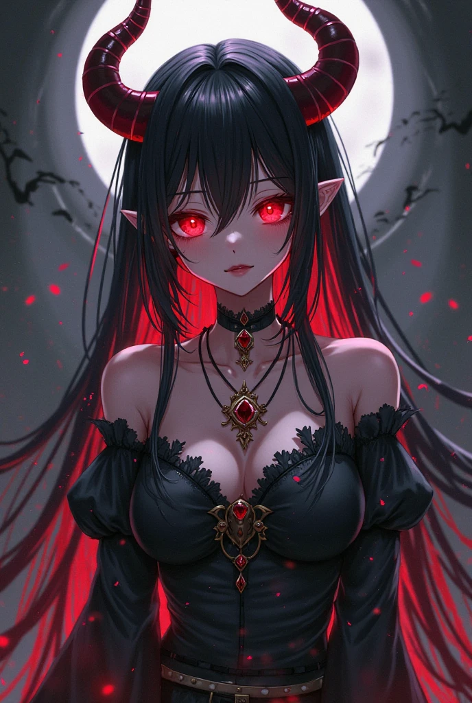 best qualityer，High-gloss dark style，A thriller masterpiece，Black-white-gray drawing，Bloody moonlight，The Skeleton Man is back，Embrace the sky with open hands，The ground was covered in blood，Death is at hand，The end of London，Bell tower with chain，Blood red cloak，head portrait，black hair, pointy ears, pointy hair bun, red color eyes, medium breasts, cleavage, Poignant，style of anime，Rose flower，Gothic girl。