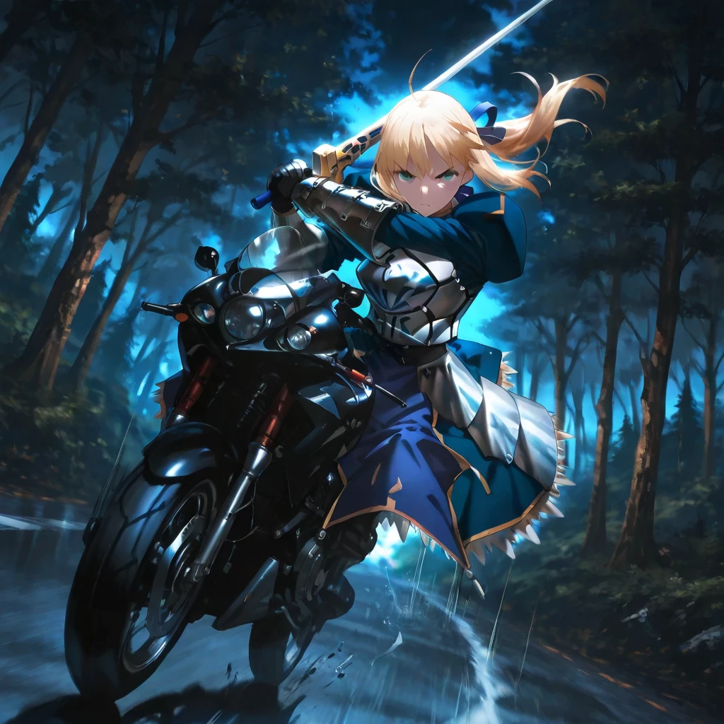 master piece, best quality, ultra detailed, ultra hires, 8k, road, night, from below, (looking at viewer:1.2), solo, in the air, artoria pendragon, artoria pendragon (fate), saber, long hair, blonde hair, green eyes, ponytail, ahoge, medium breasts,gloves, necktie, black gloves, pants, formal, suit, pant suit, motorcycle, cornering, usnr