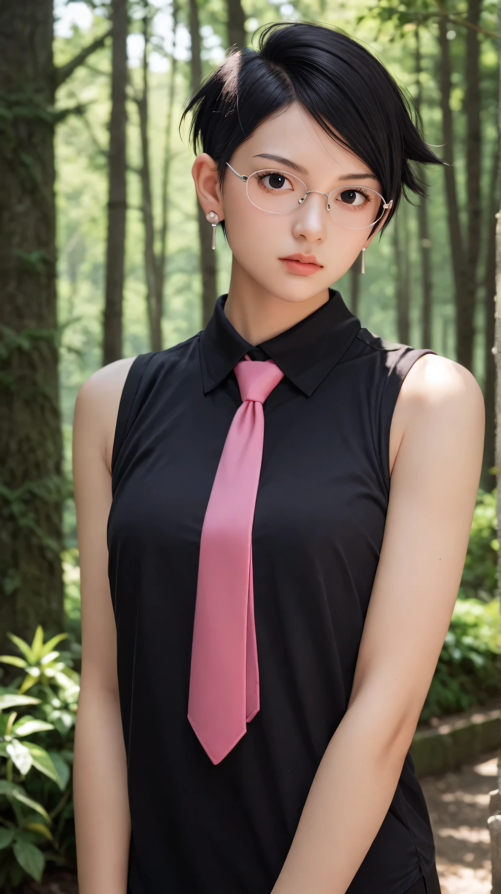 1girl, solo,sarada uchiha,black eyes,black hair,undercut hair,outdoors,potrait,small breast,wearing glasses,forest,summer backround,(wear sleeveless black shirt:1.5),standing,earings,pink necktie,earings