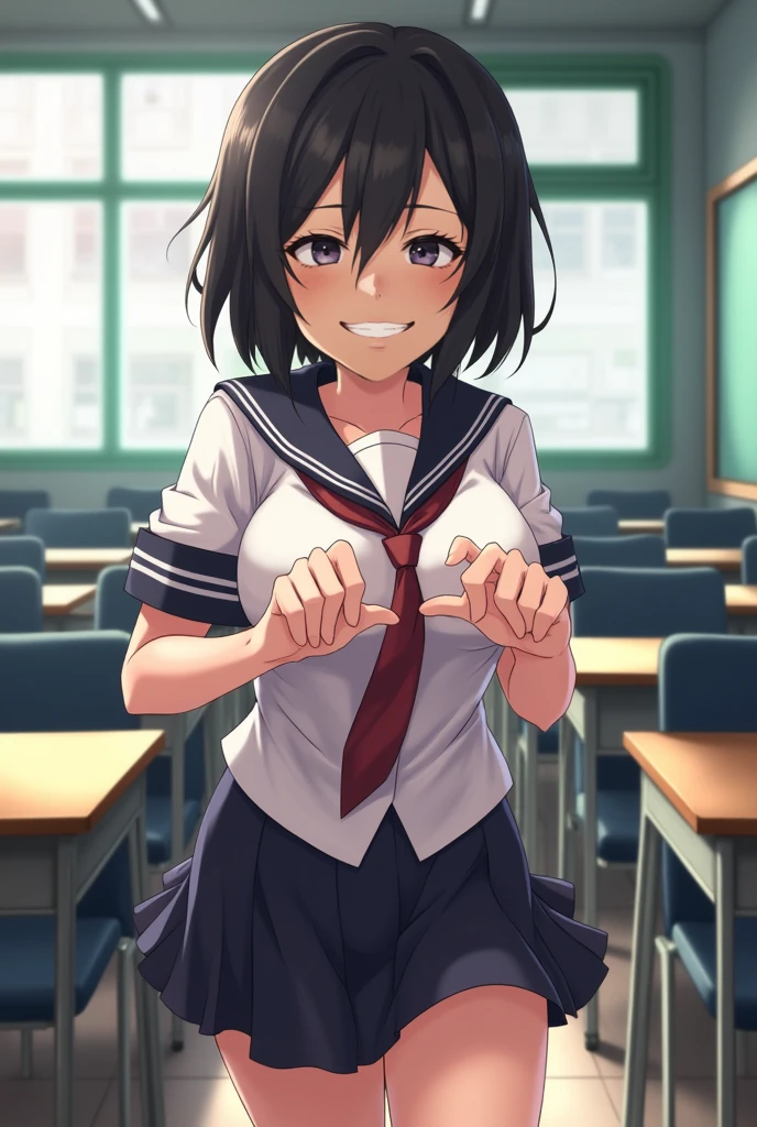 (masterpiece, Official Art), One Girl, Black Hair, blue eyes, hair ornaments, Hair Clip, (school uniform), (shirt), (tie), (skirt), (濡れたshirtの上から透けて見える下着), (Upper Body), (close), (Huge breasts), Very good、sunlight,classroom、 Show Viewer, Grin, attractive, blush, attractive服, (close), (Arms folded in front of chest), (whole body), Short Bob