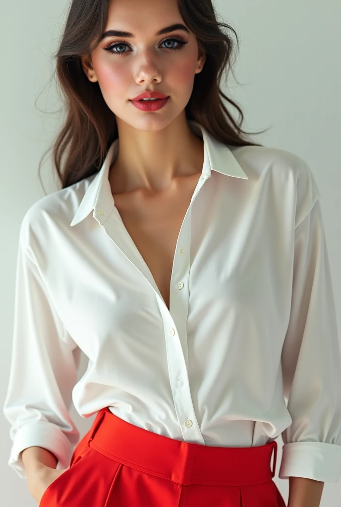 Middle age woman in white top and maroon skirt just above thighs