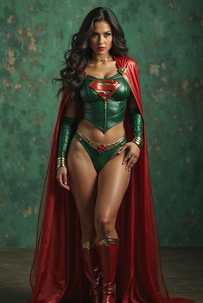 foto de uma superheroina, standing, (pink skin tone), staring overhead, eye contact, (mouth  wide open: 1,0), chubby body, Waist slender, Female One, huge and round breasts, wearing blue and red strapless leotard, (dark haired:1.2 ), venat, beautiful  face, fleshy lips, Slender Face, protruding cheekbones, brawny, No Mohrbacher artistic style, in style of peter mohrbacher.  (Thick thighs:1.2), (full body:1.5), (body shot:1.5)