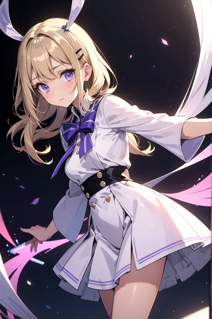 1 female、10 years old、、low length、Blonde、Bob Hair、The ends of the hair are curled inwards、Small green ribbons on either side of the head、White smock、Leather belt at waist、White boots、((Purple collar、purple cloak))、White leather gloves、Hands on hips、