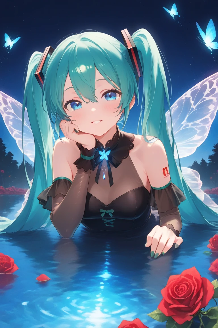Cute Beautiful Girl A charming smile sky blue hair length hair Twin-tailed Sparkling bright green and white sparkling sexy leotard outfit full bodyesbian Fantasia constellation a moon Crystal Brilliance Aurora Borealis in the Night Sky